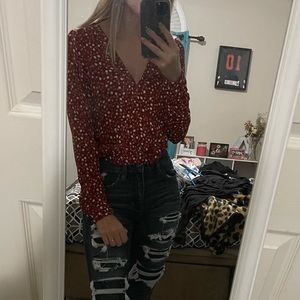Floral Print Long Sleeve Top Red with White and Yellow Flowers Small